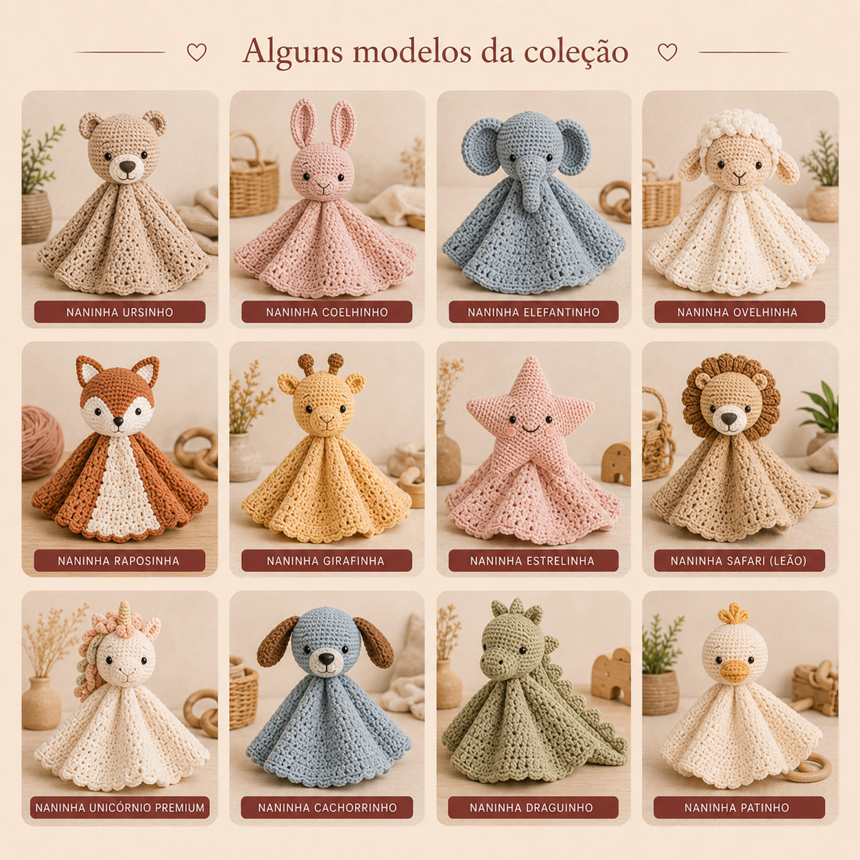 Mosaico com naninhas de ursinho, coelhinho, girafinha, elefantinho, ovelhinha, safari, dinossauro, bonequinha e mantinhas.